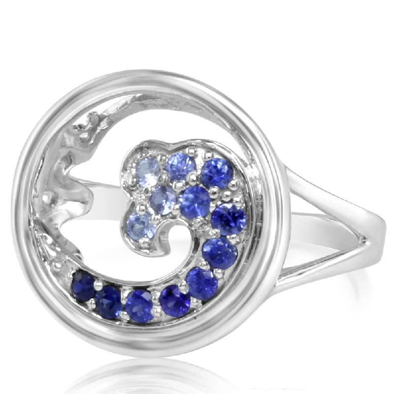 14K White Gold Graduated Blue Sapphire Wave In Circle 15mm Ring