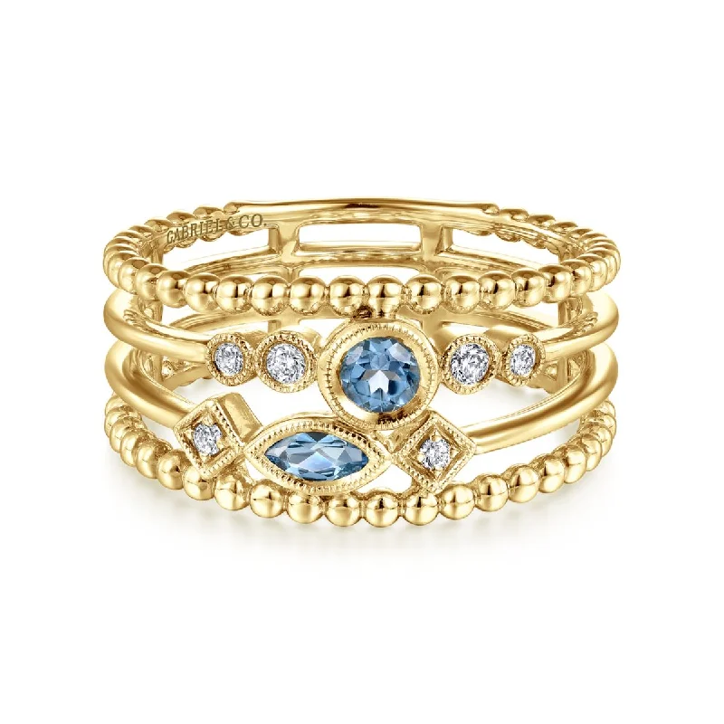 14K Yellow Gold Swiss Blue Topaz and Diamond Multi Row Ring