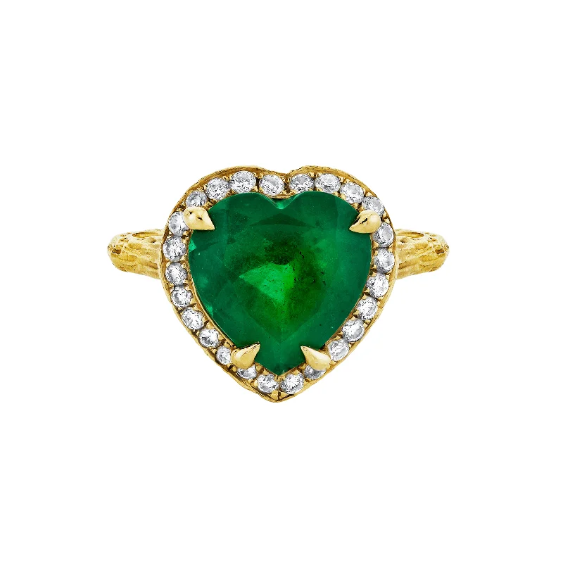 18k Premium Colombian Emerald Heart Queen Ring with Full Pavé Diamond Halo