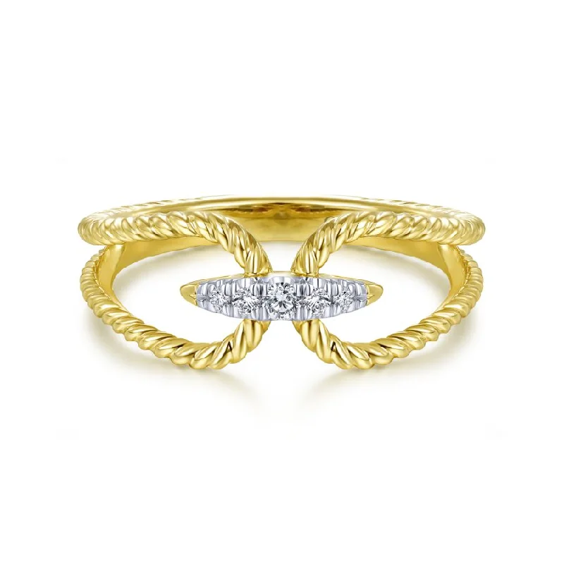 14K Yellow Gold Twisted Rope Pave Diamond Connector Ring