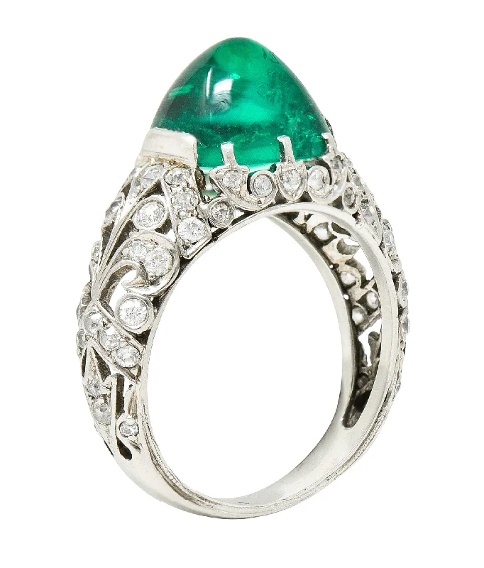 Edwardian 5.90 CTW Colombian Emerald Cabochon Old European Cut Diamond Platinum Scrolling Fleur-De-Lis Antique Gemstone Ring AGL