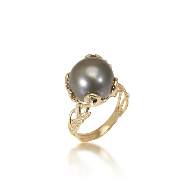 Living Heirloom Tahitian Black Pearl Ring in Gold with Diamonds - 12-13mm