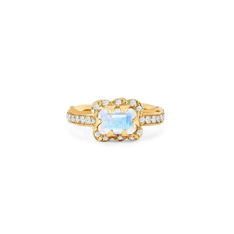 Micro Queen Emerald Cut Moonstone Ring with Sprinkled Diamonds