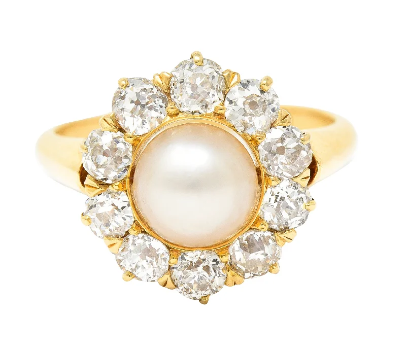 Victorian 0.80 CTW Old Mine Cut Diamond Natural Pearl 18 Karat Yellow Gold Antique Cluster Ring