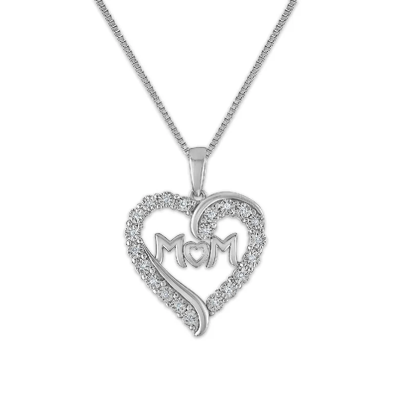 1/10 CTW Diamond Heart Mom 18-inch Pendant in Rhodium Plated Sterling Silver