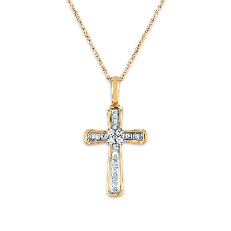 10KT White and Yellow Gold 1/5 CTW Round Diamond 26X14MM 18-inch Cross Pendant