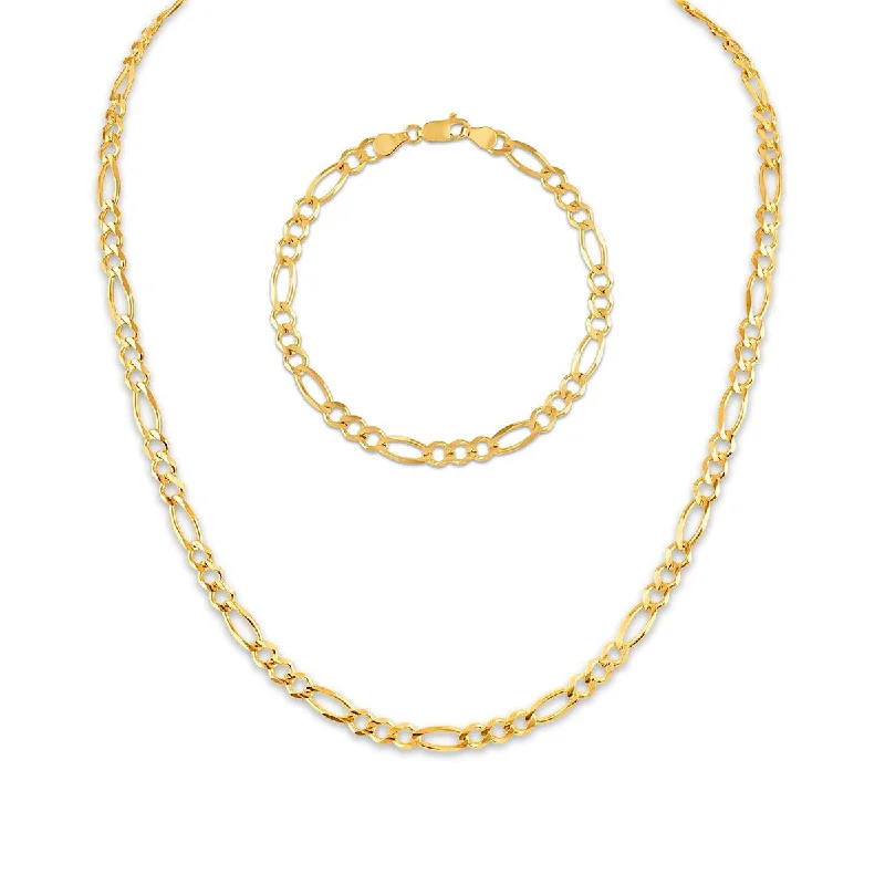 10KT Yellow Gold 3.2MM Figaro 20-inch Chain 8-inch Bracelet Set