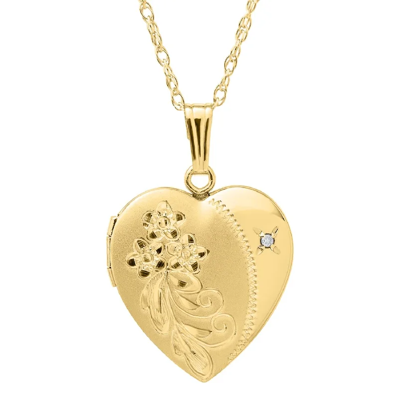 14KT Yellow Gold Filled and Diamond 19MM 18-inch Locket Heart Flower Pendant