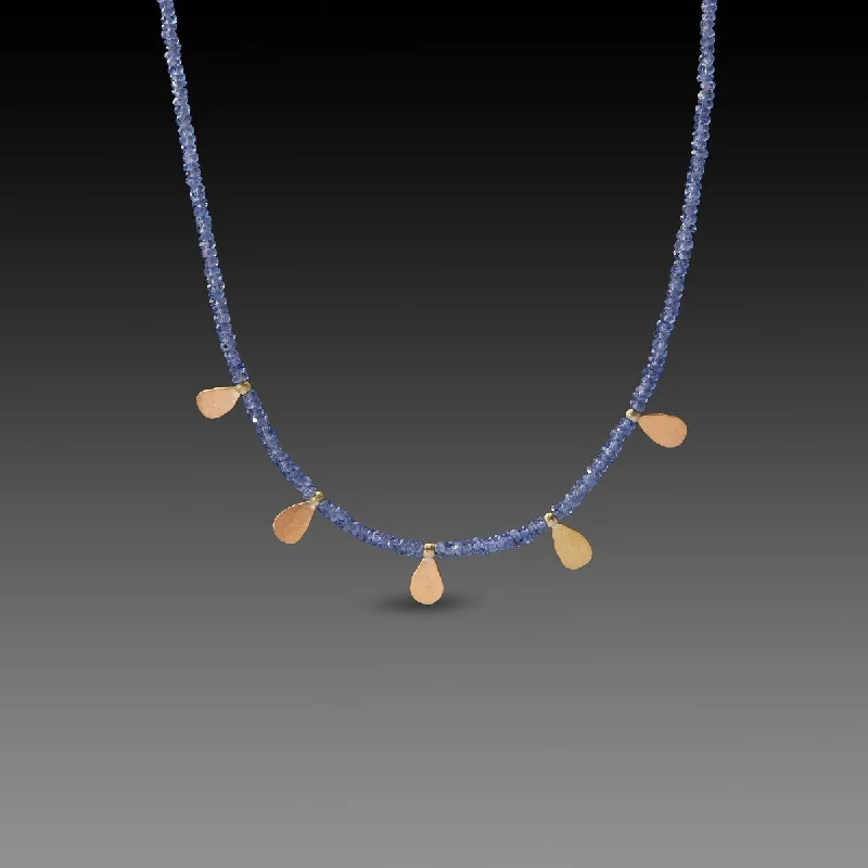 Sapphire Beaded Necklace with Gold Teardrops