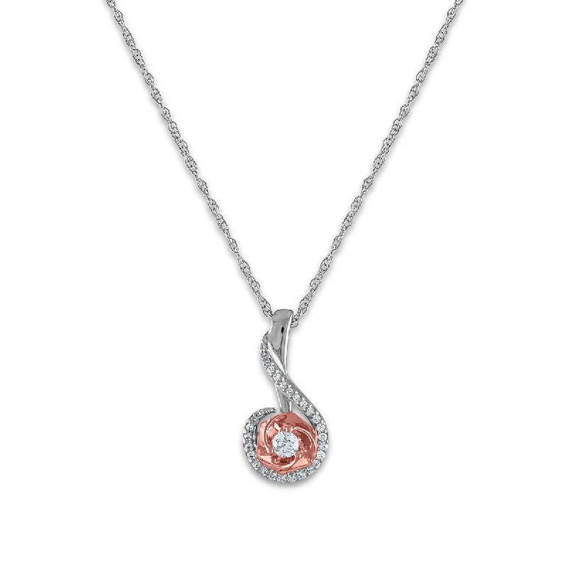 LoveSong 1/8 CTW Diamond Everlasting Rose 18-inch Pendant in 10KT White and Rose Gold