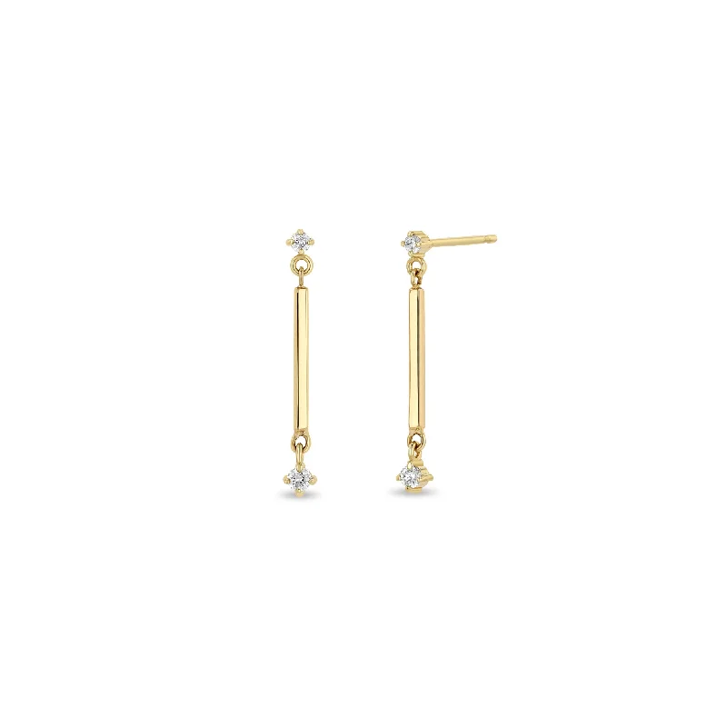 14k Gold Bar & 2 Prong Diamond Drop Earrings