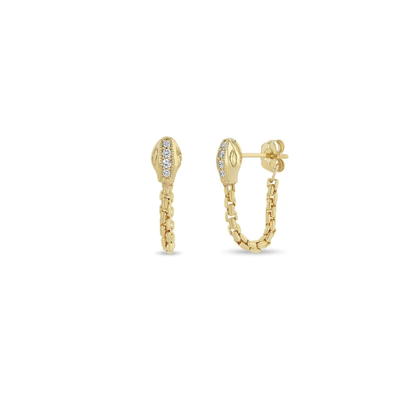 14k Pavé Diamond Snake Head Box Chain Huggie Earrings