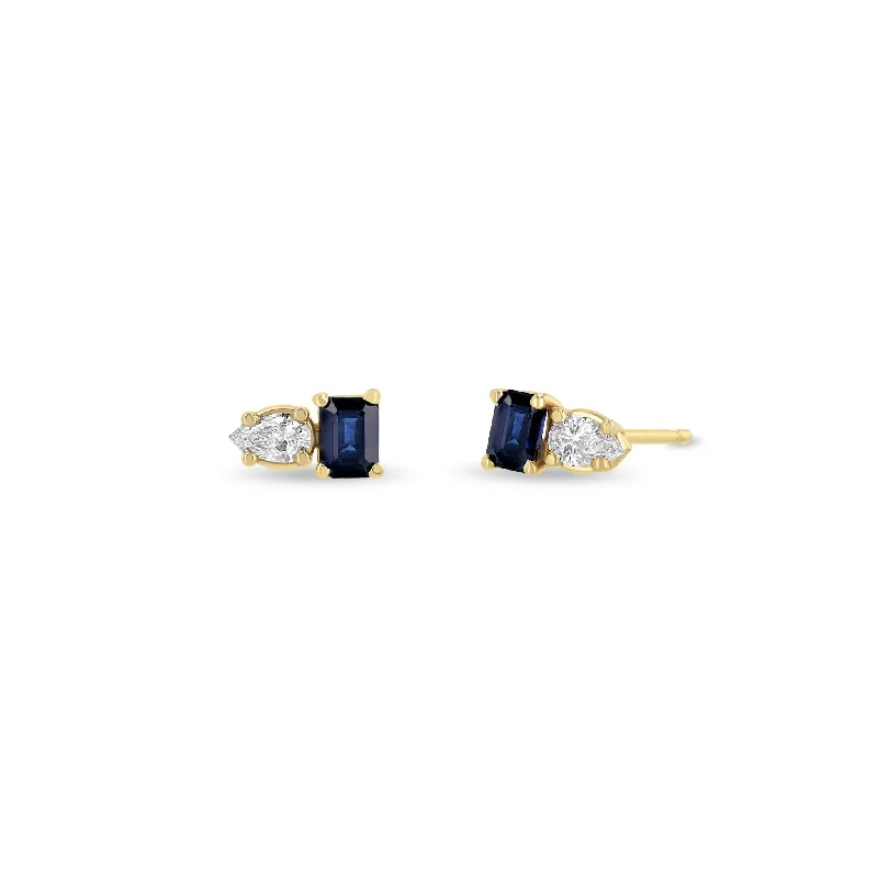 14k Pear Diamond & Emerald Cut Blue Sapphire Studs