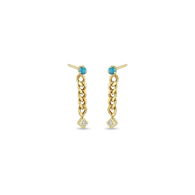 14k Prong Turquoise & Princess Diamond Small Curb Chain Drop Earrings