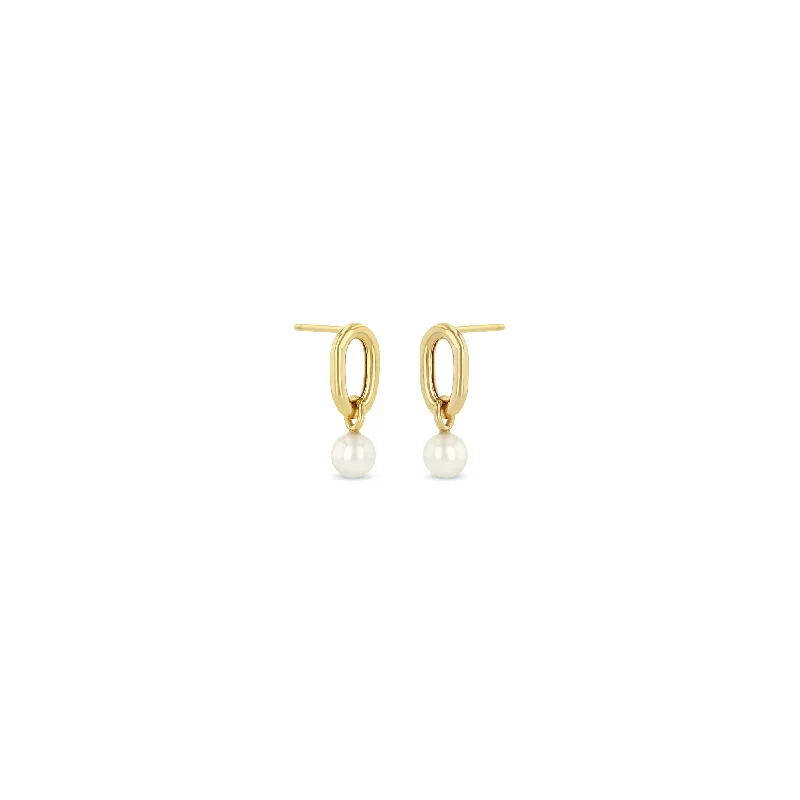 14k Single Extra Large Square Oval Link & Pearl Drop Earrings