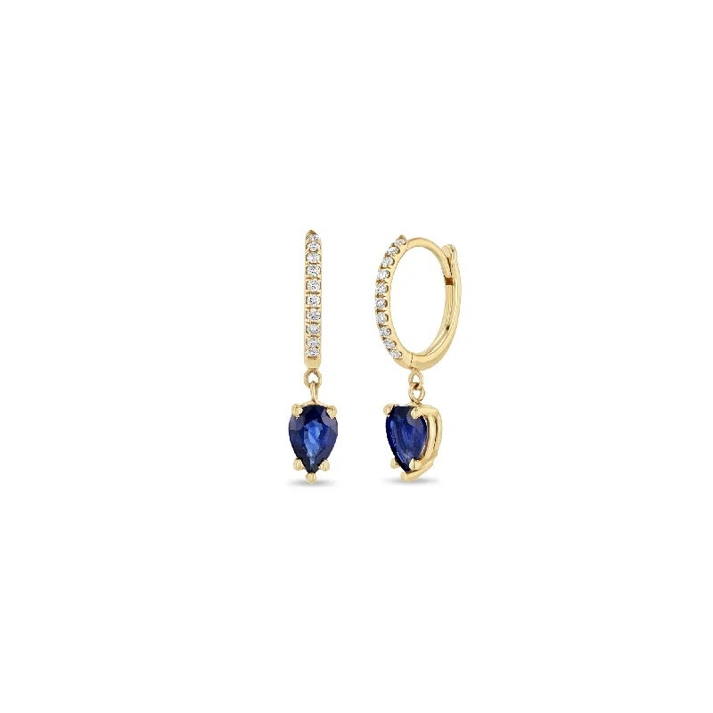 14k Small Pavé Diamond Hinge Huggie Hoops with Pear Blue Sapphires