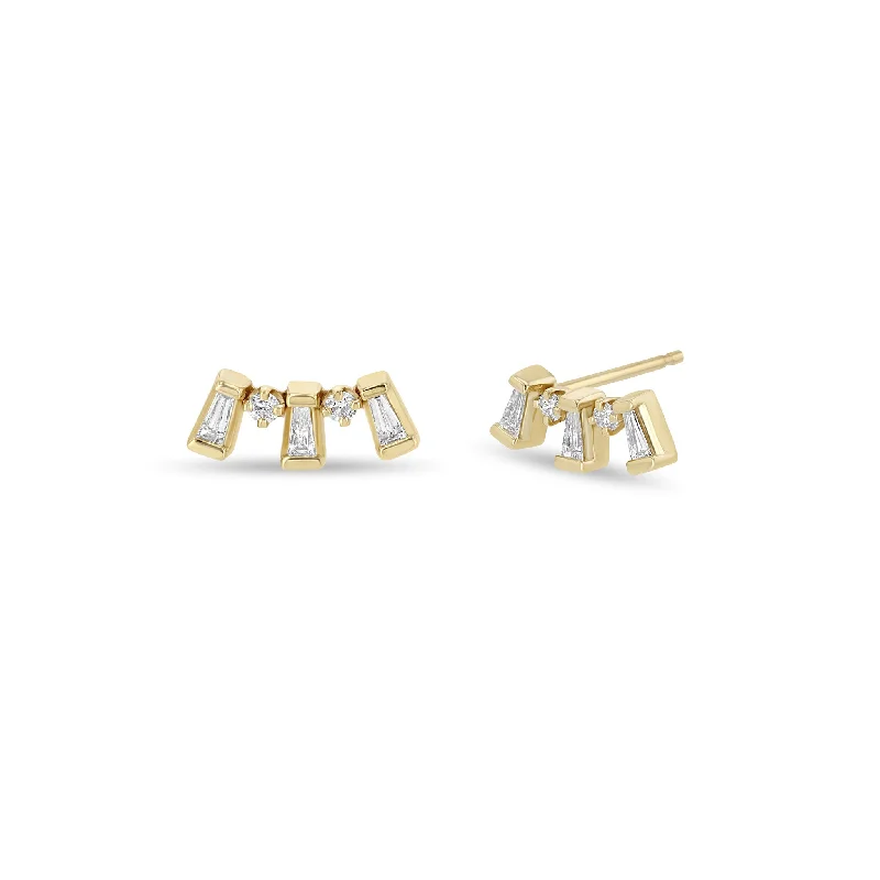 14k Tapered Baguette & Prong Diamond Curve Studs