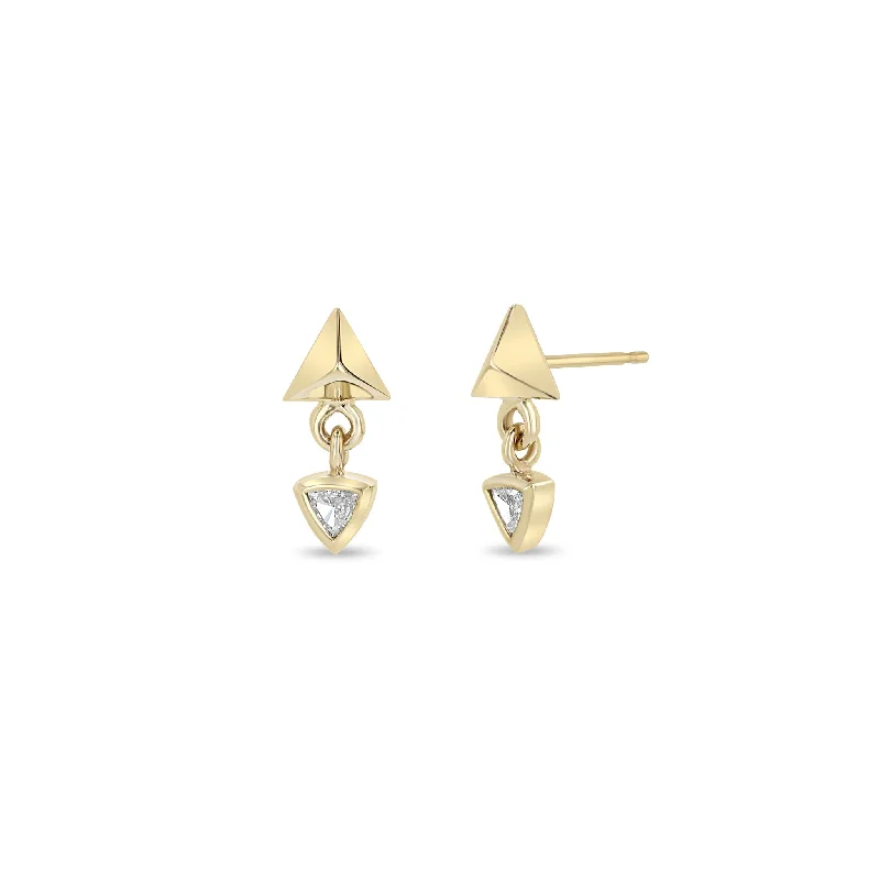 14k Triangle Pyramid & Trillion Diamond Bezel Drop Earrings