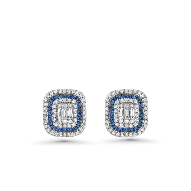 Triple Halo Diamonds & Blue Sapphire Rectangular Shape Studs Earrings (1.00 ct.) in 14K Gold