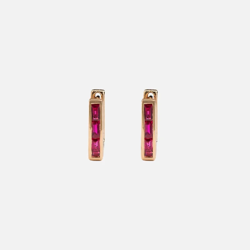 Skinny Square Ruby Huggie Earrings