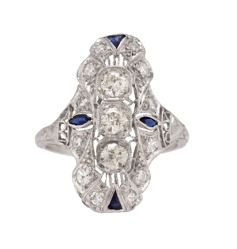 Fashion-Forward Jewelry At Incredible Prices 1930's Antique Art Deco Platinum 0.85ctw Diamond Sapphire Filigree Dinner Ring