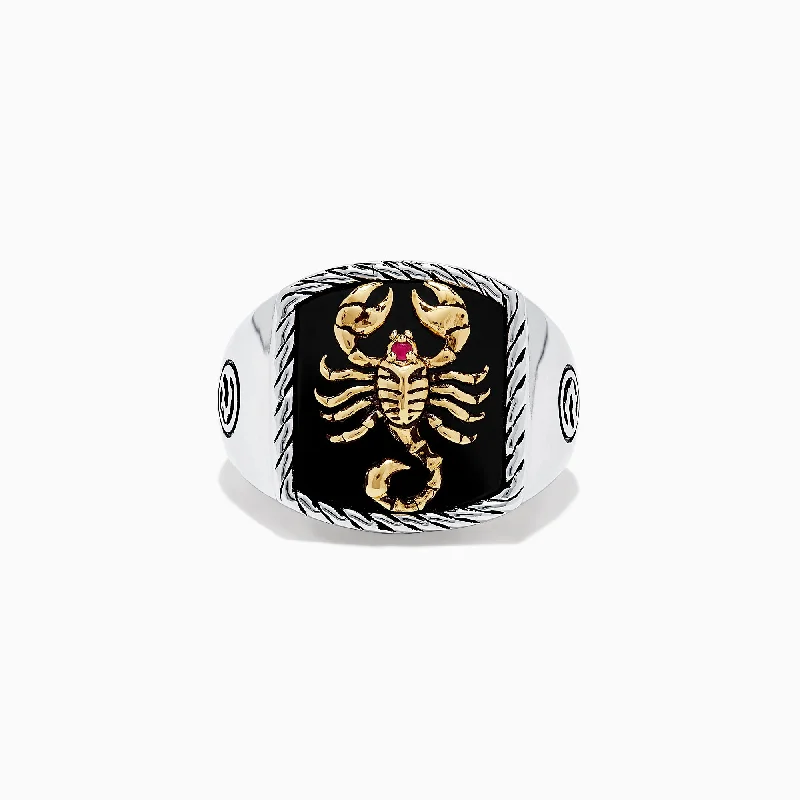 Customized Silver Jewelry For Unique Style Men's Silver & 14K Gold Plating Onyx and Ruby Scorpion Ring, 5.00 TCW