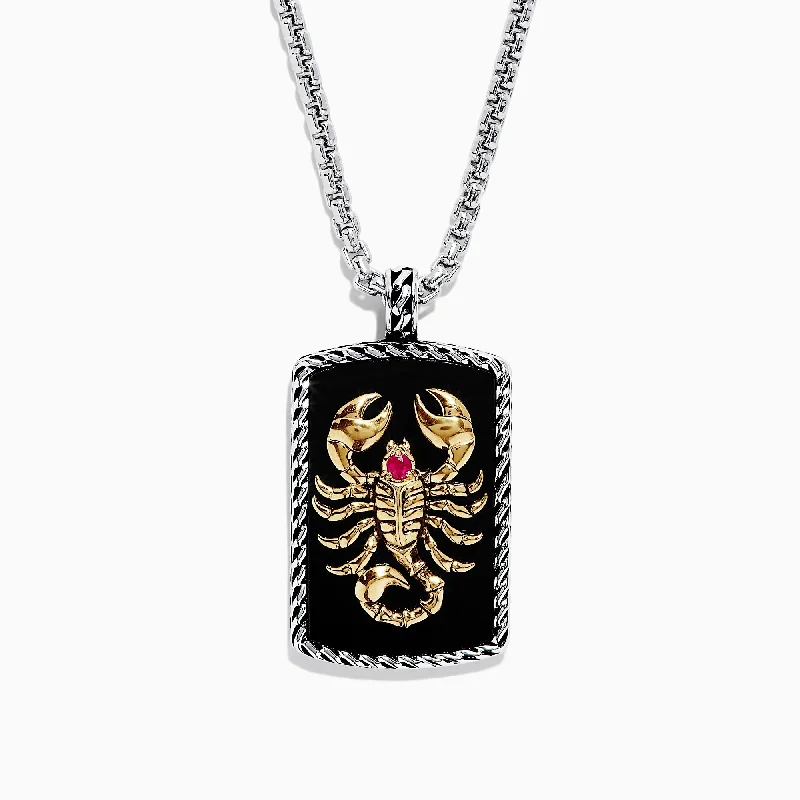 Affordable Gold-Plated Jewelry For Modern Fashion Men's Silver & 14K Gold Plating Onyx & Ruby Scorpion Pendant, 16.50 TW