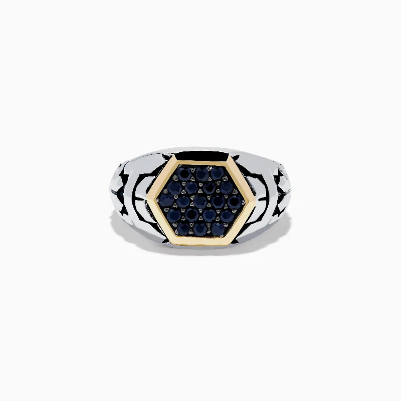 Shop Elegant Jewelry At Unbeatable Prices Men's Sterling Silver & 18K Yellow Gold Black Sapphire Ring, 0.85 TCW