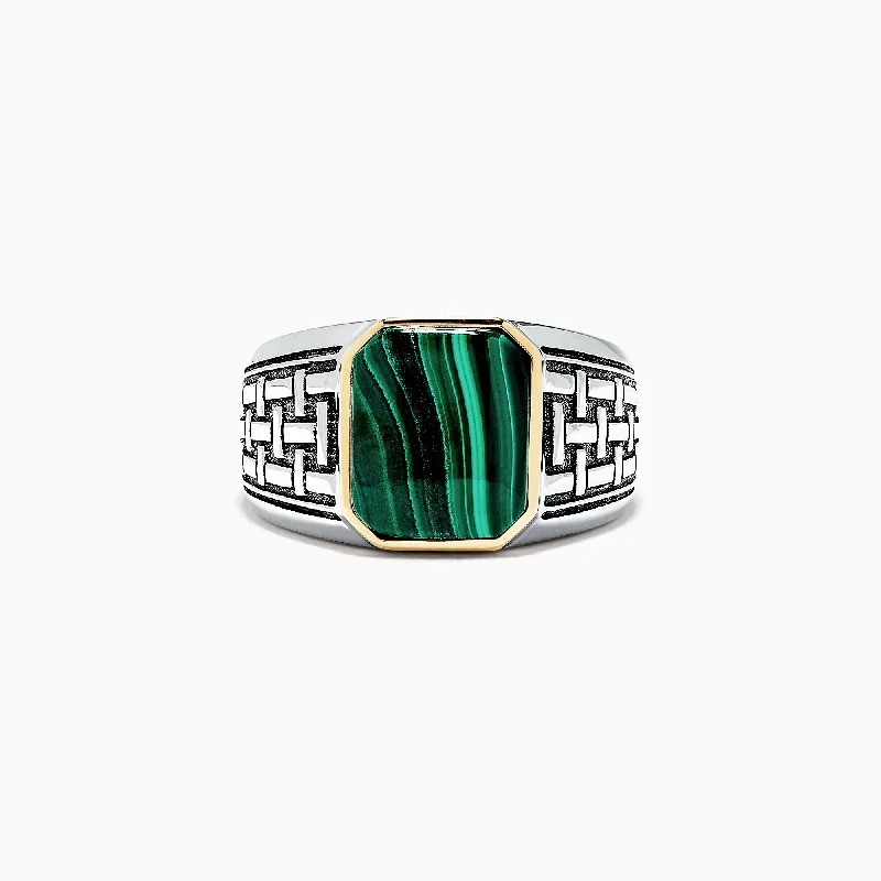 Special Deals On Handcrafted And Designer Jewelry Men's Sterling Silver and 14K Yellow Gold Malachite Ring, 6.05 TCW