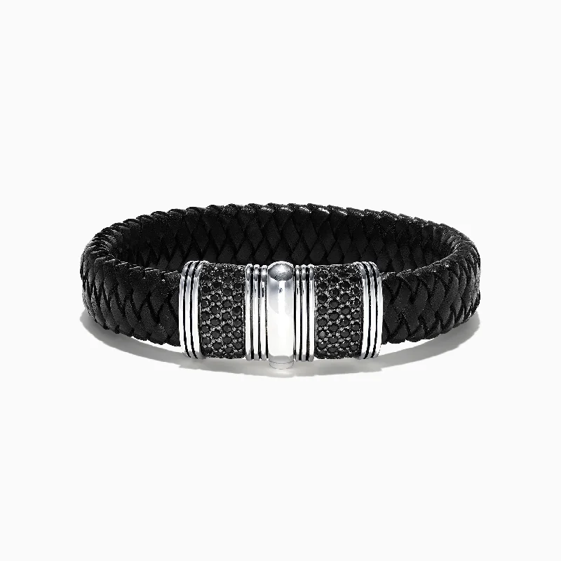 Exclusive Jewelry Sale – Sparkle For Less Men's Sterling Silver and Leather Black Sapphire Bracelet, 2.70 TCW