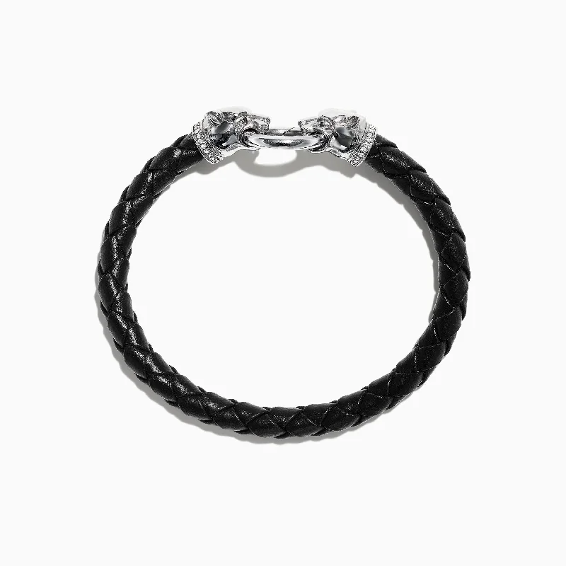 Flash Sale On Stunning Jewelry – Don't Miss Out Men's Sterling Silver and Leather Diamond Accented Panther Bracelet 0.16 TCW