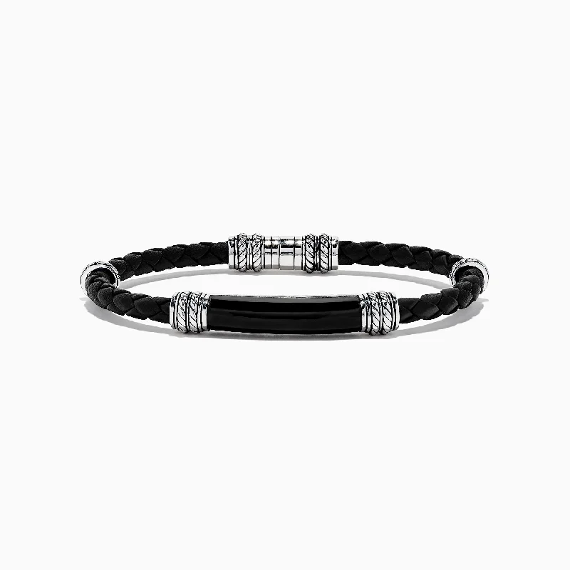 Grab Your Favorite Jewelry At The Lowest Prices Men's Sterling Silver and Leather Onyx Bracelet, 13.00