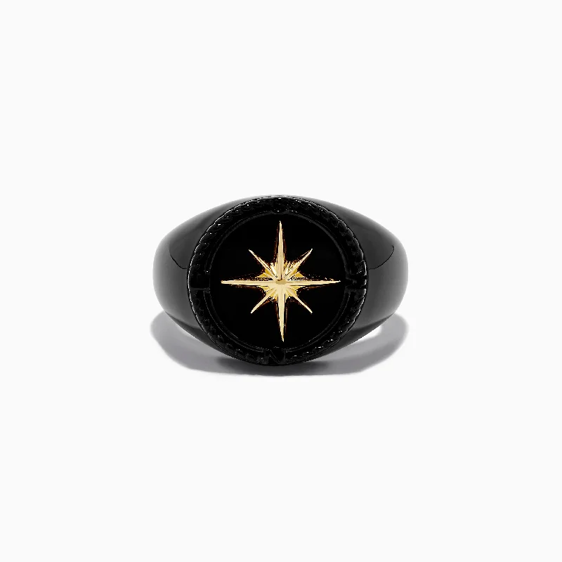 Discounted Jewelry For A Glamorous Look Men's Sterling Silver and Yellow Gold Onyx Compass Ring