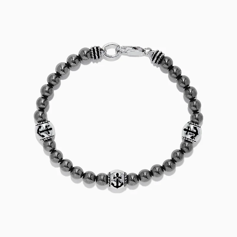 Shop Stylish Jewelry Now And Save Big Men's Sterling Silver Beaded Hematite Anchor Bracelet, 71.43 TCW