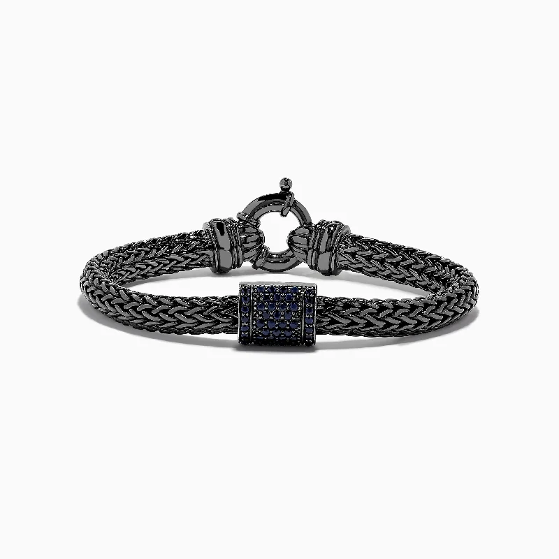 Seasonal Jewelry Deals – Elevate Your Style Men's Sterling Silver Black Rhodium Braided Chain Blue Sapphire Bracelet 1.40 TCW