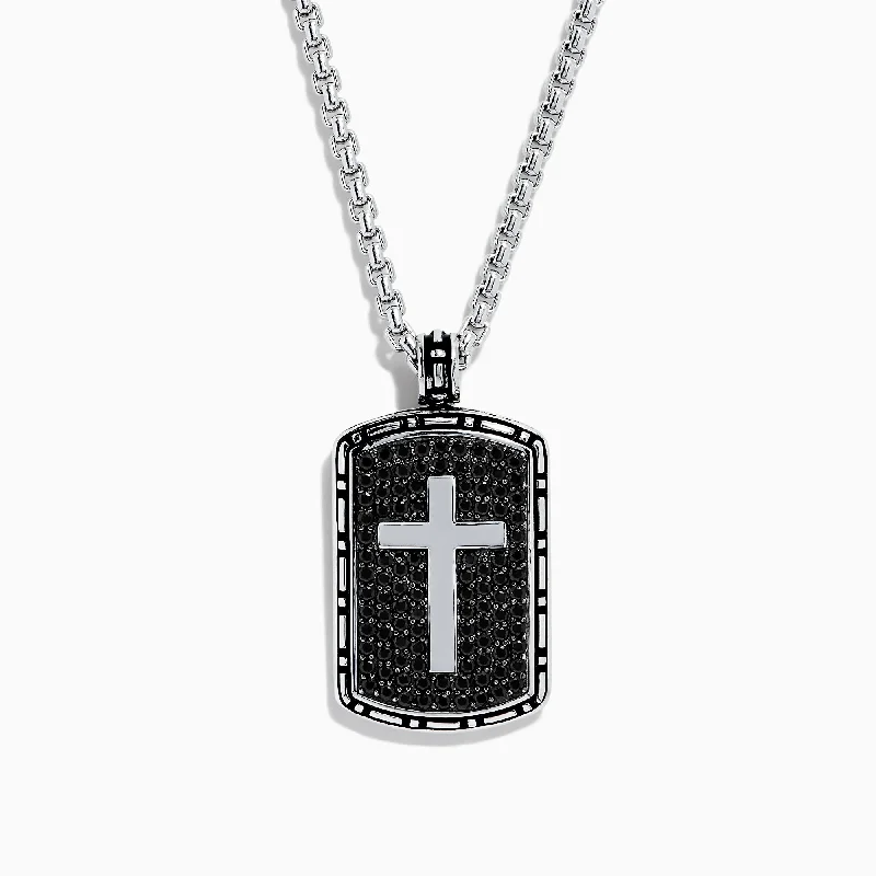 Trending Jewelry Styles Now At Limited-Time Discounts Men's Sterling Silver Black Sapphire Cross Dog Tag Pendant, 1.87 TCW