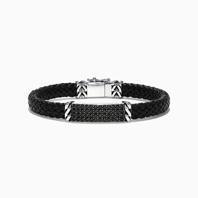 Don't Miss Our Biggest Jewelry Sale Of The Season Men's Sterling Silver Black Spinel Leather Bracelet, 2.11 TCW