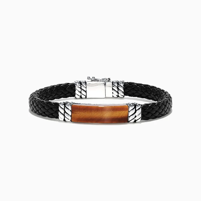 Elegant Jewelry, Affordable Luxury – Shop Now Men's Sterling Silver Leather Tiger's Eye Bracelet, 12.00 TCW