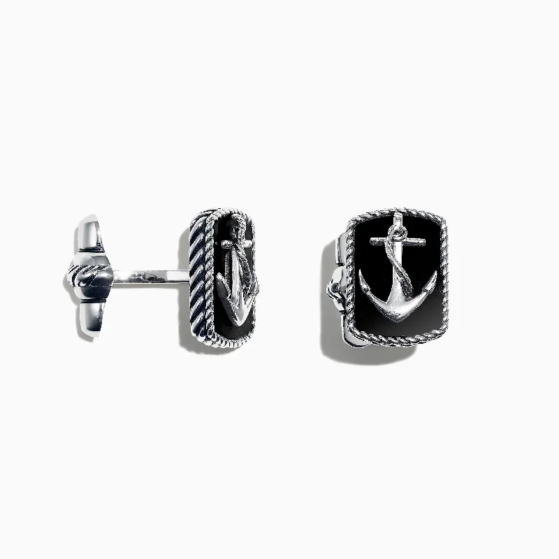 Grab Exquisite Jewelry At The Lowest Prices Men's Sterling Silver Onyx Anchor Cufflinks, 9.85 TCW