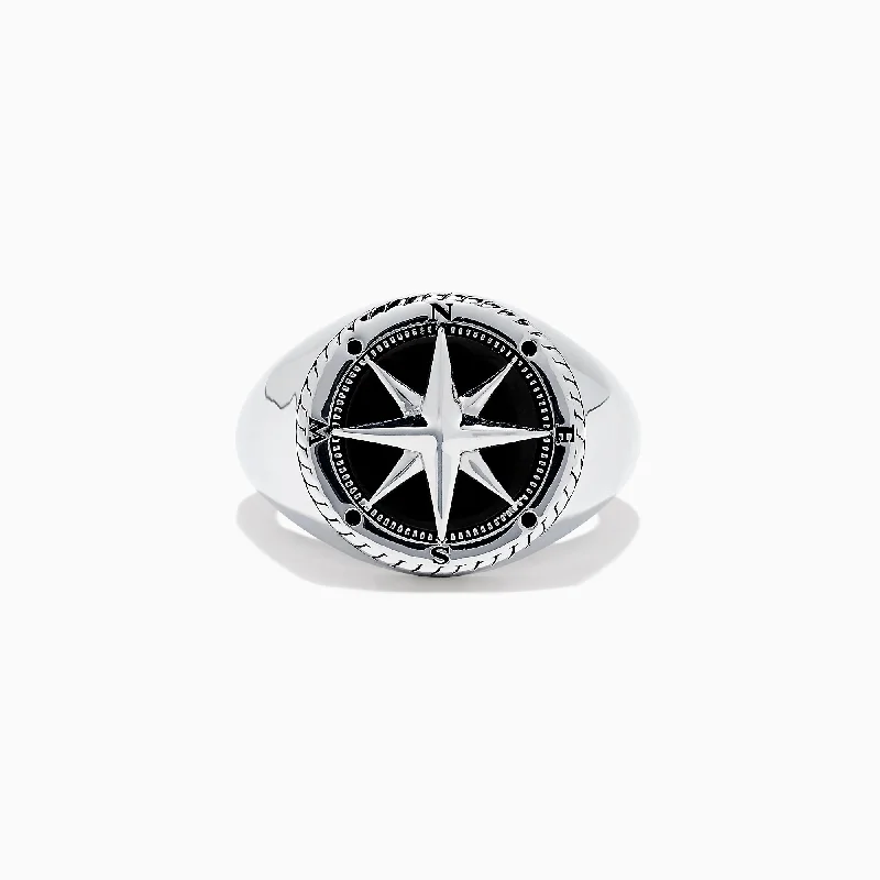 Timeless Elegance At Unbelievable Discounts Men's Sterling Silver Onyx Compass Ring, 2.61 TCW