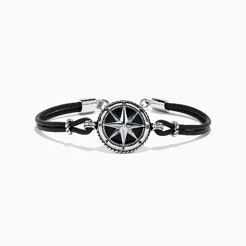 The Perfect Accessory For Less – Jewelry Sale Live Men's Sterling Silver Onyx Compass Leather Bracelet, 4.00 TCW