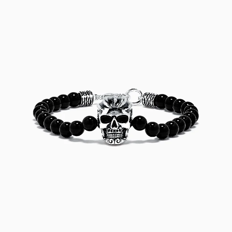 Limited-Time Offer On Elegant Jewelry Pieces Men's Sterling Silver Beaded Onyx Skull Bracelet, 38.50 TCW