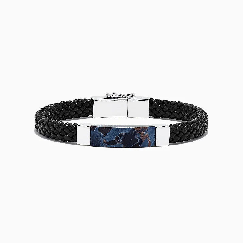 Shop Signature Jewelry Styles At Exclusive Prices Men's Sterling Silver Pietersite Woven Leather Bracelet, 12.50 TCW