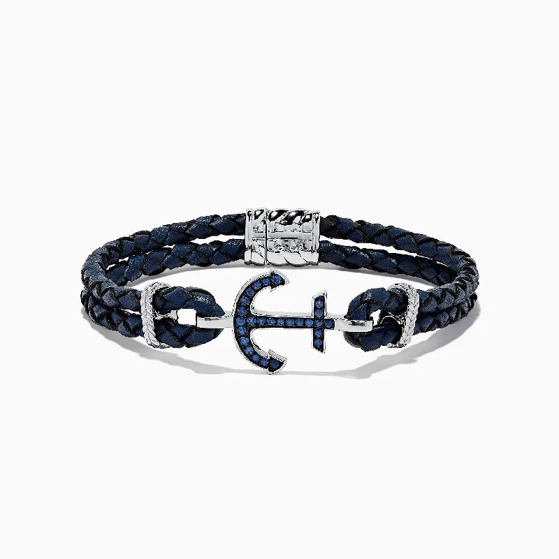 Must-Have Jewelry At Unbelievable Discounts Men's Sterling Silver Woven Leather Sapphire Anchor Bracelet, 0.52 TCW