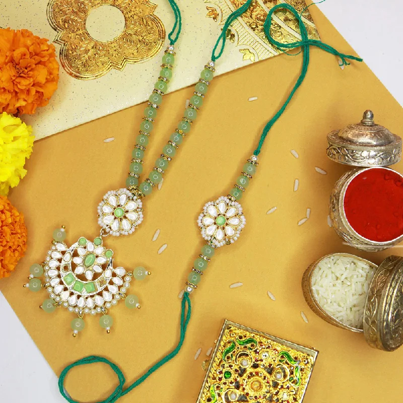 The Perfect Jewelry Piece At The Perfect Discount Etnico Designer Bhaiya Bhabhi Hanging Lumba Rakhi Combo Set for Rakshabhandan (R068Min-CO)