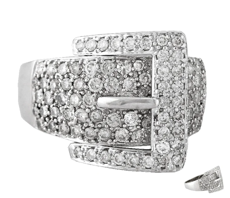 Chic, Trendy, And Affordable Jewelry Sale Ladies Exquisite 14K 585 White Gold 2.21ctw Diamond Belt Buckle Cocktail Ring