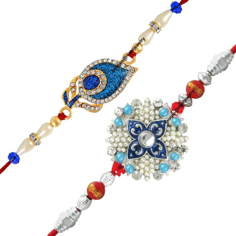 Personalized Jewelry Sale – Meaningful Gifts At Great Prices Mahi Combo of 2 Exquisite Designer Peacock Feather and Floral Inspired Crystal Studded Bhaiya Bhabhi Rakhi (Bracelet) RCO1104972M