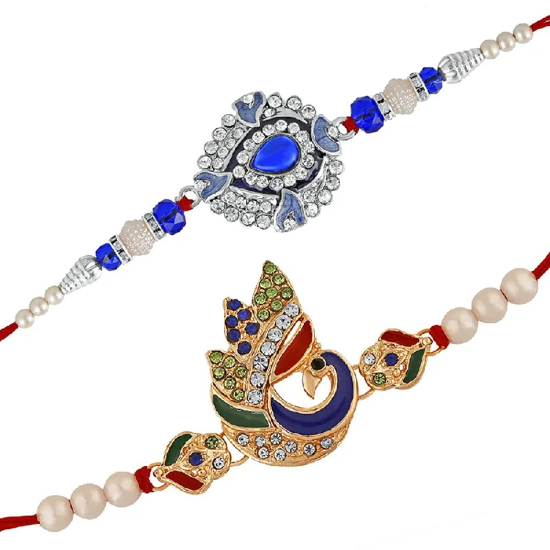 Shop Fine Jewelry With Exclusive Savings Mahi Combo of Peacok Rakhi's with Blue and White Crystal and Artificial Pearl for Bhaiya (RCO1105225M)