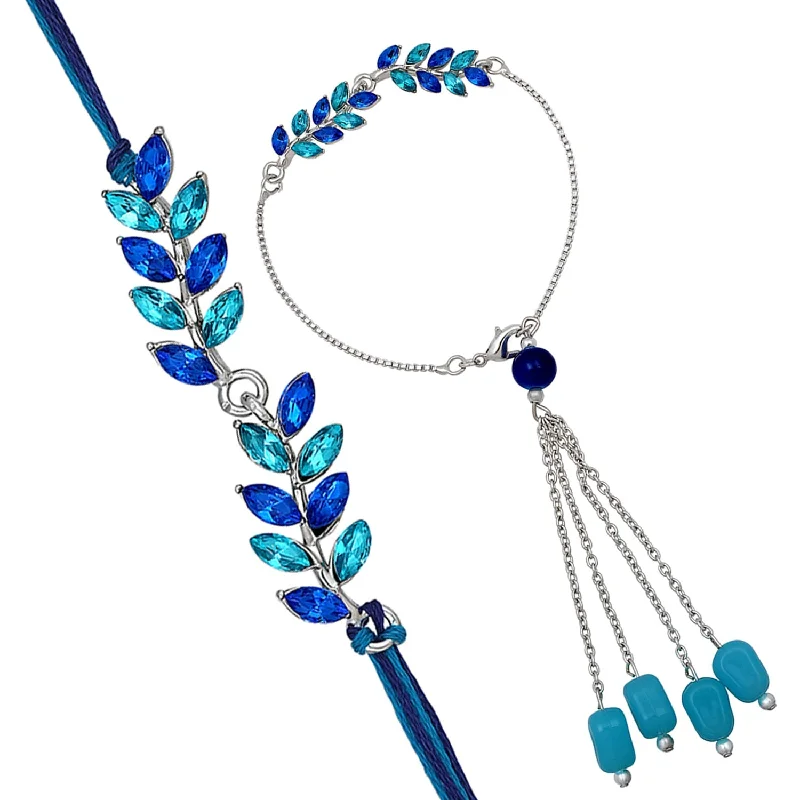 Flash Sale On Stunning Jewelry – Don't Miss Out Mahi Light and Dark Blue Leafy Shape Crystals Lumba and Brother Rakhi Set for Bhaiya and Bhabhi (RCOL1105521RBlu)